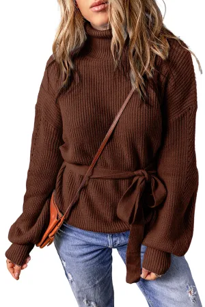 Brown Ribbed High Neck Hollowed Sleeve Belted Sweater