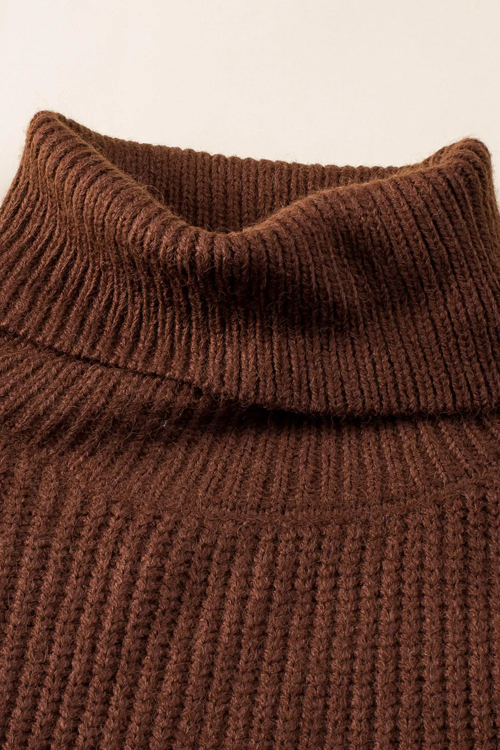 Brown Ribbed High Neck Hollowed Sleeve Belted Sweater