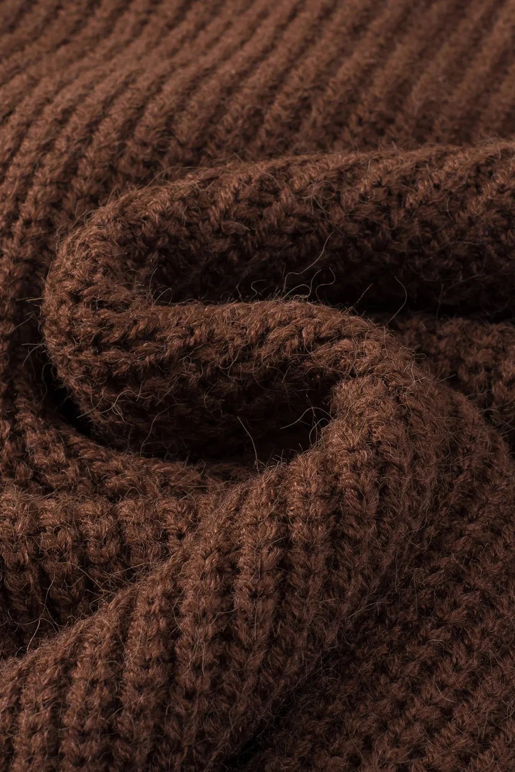 Brown Ribbed High Neck Hollowed Sleeve Belted Sweater