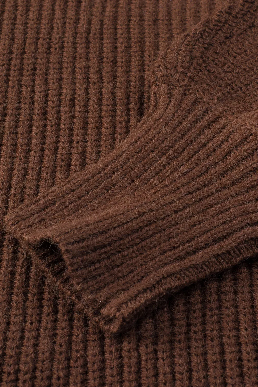 Brown Ribbed High Neck Hollowed Sleeve Belted Sweater