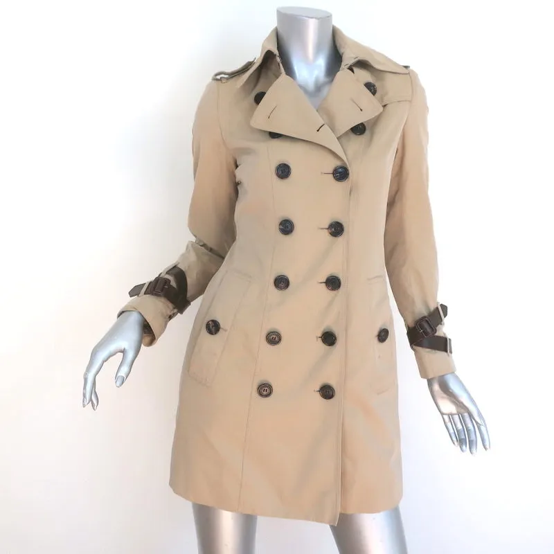 Burberry Queensborough Leather-Trim Trench Coat Beige Size US 2 Belted Jacket