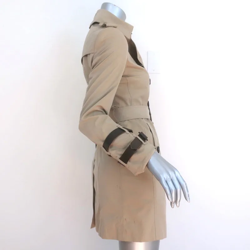Burberry Queensborough Leather-Trim Trench Coat Beige Size US 2 Belted Jacket
