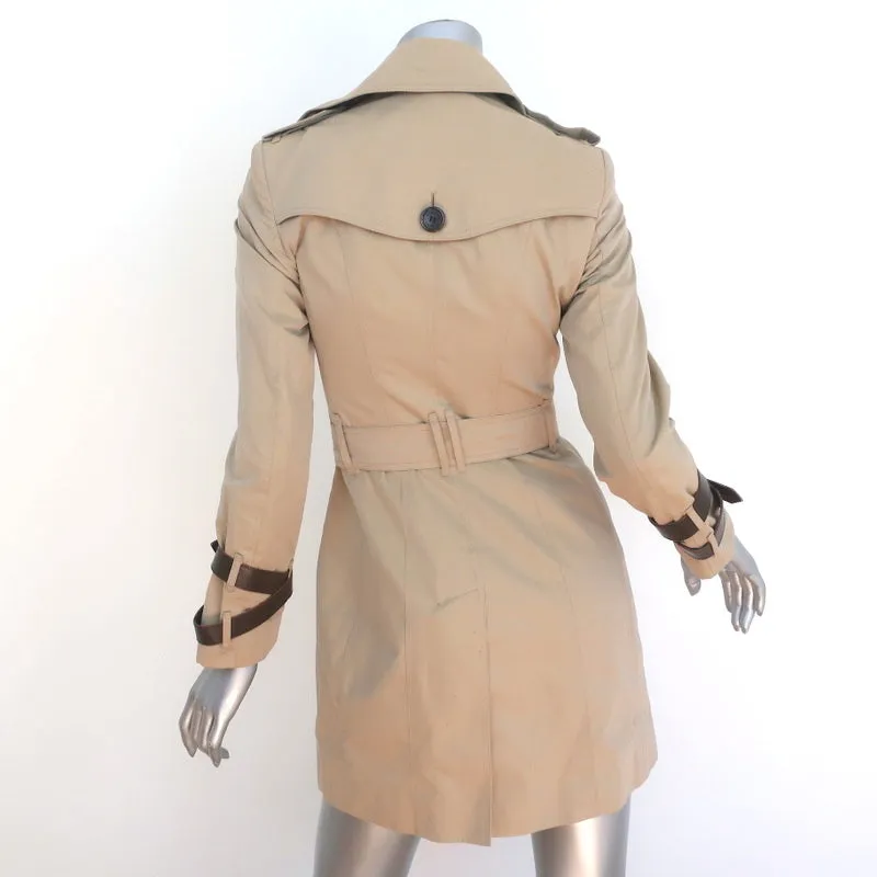 Burberry Queensborough Leather-Trim Trench Coat Beige Size US 2 Belted Jacket