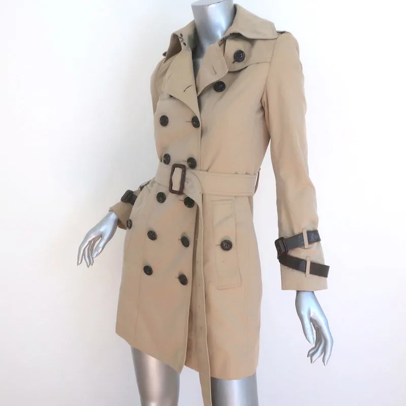 Burberry Queensborough Leather-Trim Trench Coat Beige Size US 2 Belted Jacket