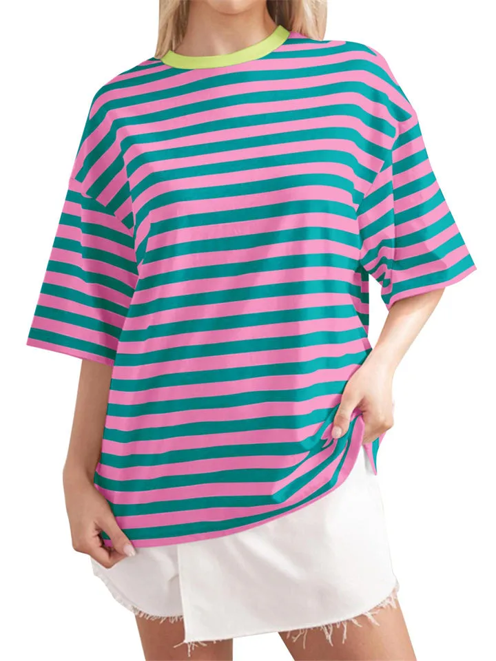 Casual Contrast Color Stripes Round Neck T-shirt for Women