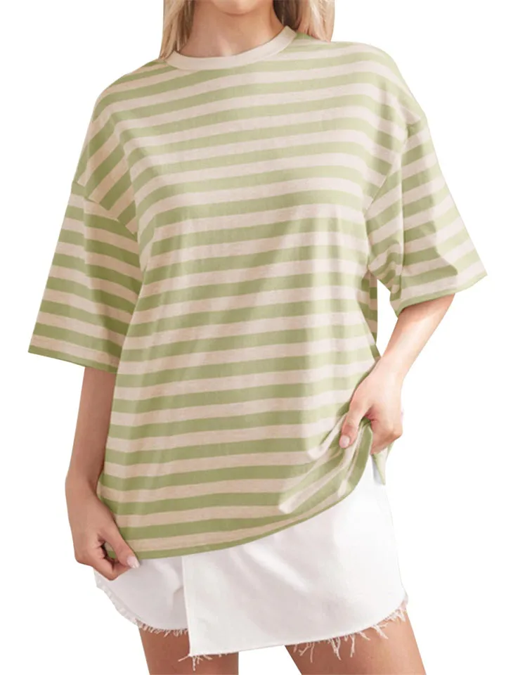 Casual Contrast Color Stripes Round Neck T-shirt for Women