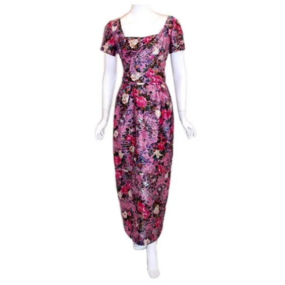 CEIL CHAPMAN 1940s Long Pink Silk Floral Print Drape Waist Gown