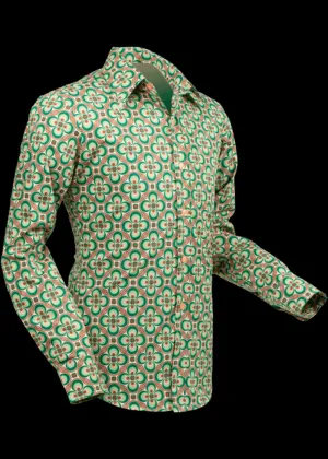 Chenaski Men Dotsgrid 70's Shirt Cream Green