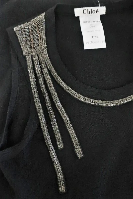 Chloe Tank Top Black Beaded Wool Knit Size Extra Small