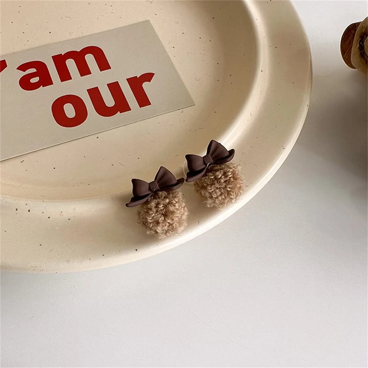 Coffee Enamel & Tan Pom-Pom Bow Ball Stud Earrings