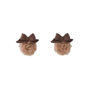 Coffee Enamel & Tan Pom-Pom Bow Ball Stud Earrings