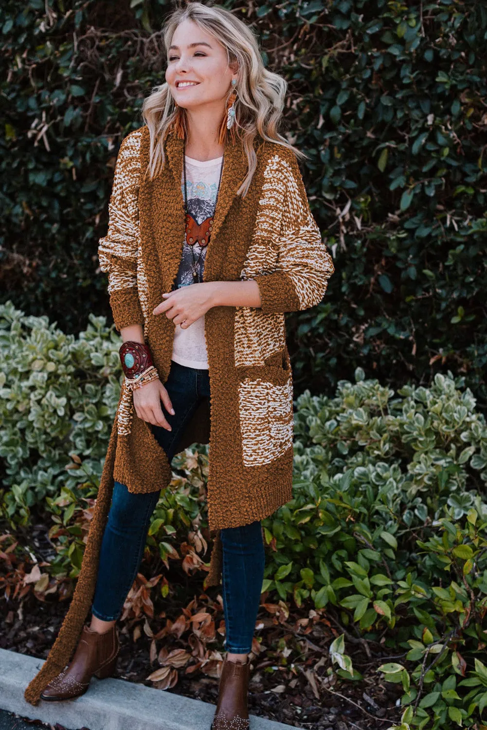 Coffee Red Contrast Trim Long Sleeve Belted Cardigan