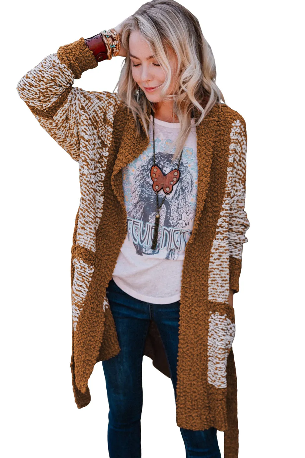 Coffee Red Contrast Trim Long Sleeve Belted Cardigan