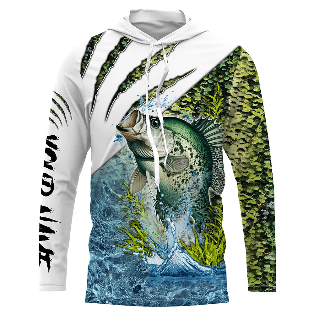 Crappie fishing green scales freshwater Custom Name Long sleeve, Long Sleeve Hooded Fishing Shirt - NPQ643