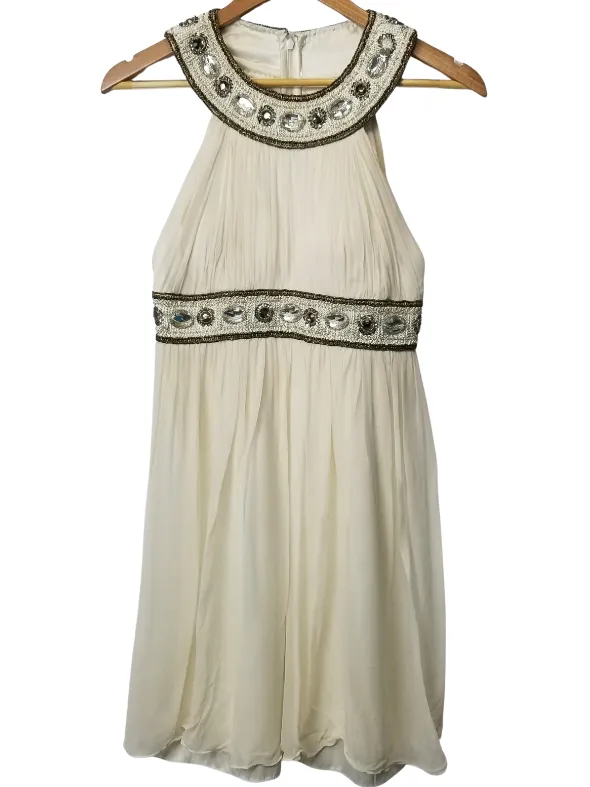 Cream and Gold Jeweled A-Line Dress
