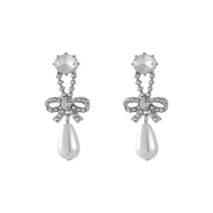 Crystal & Cubic Zirconia Pearl Silver-Plated Bow Drop Earrings