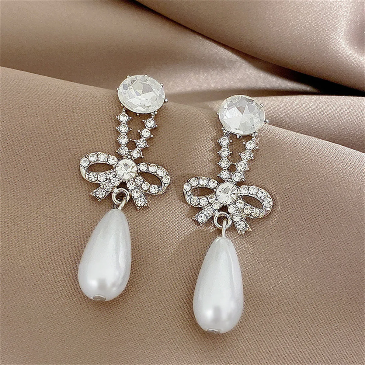 Crystal & Cubic Zirconia Pearl Silver-Plated Bow Drop Earrings