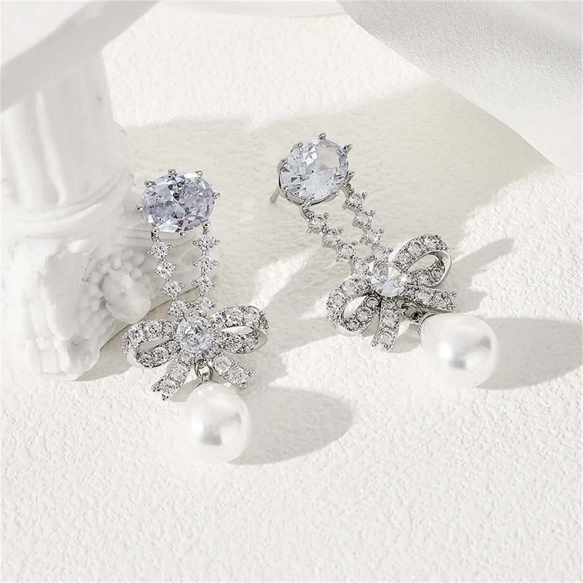 Crystal & Cubic Zirconia Pearl Silver-Plated Bow Drop Earrings