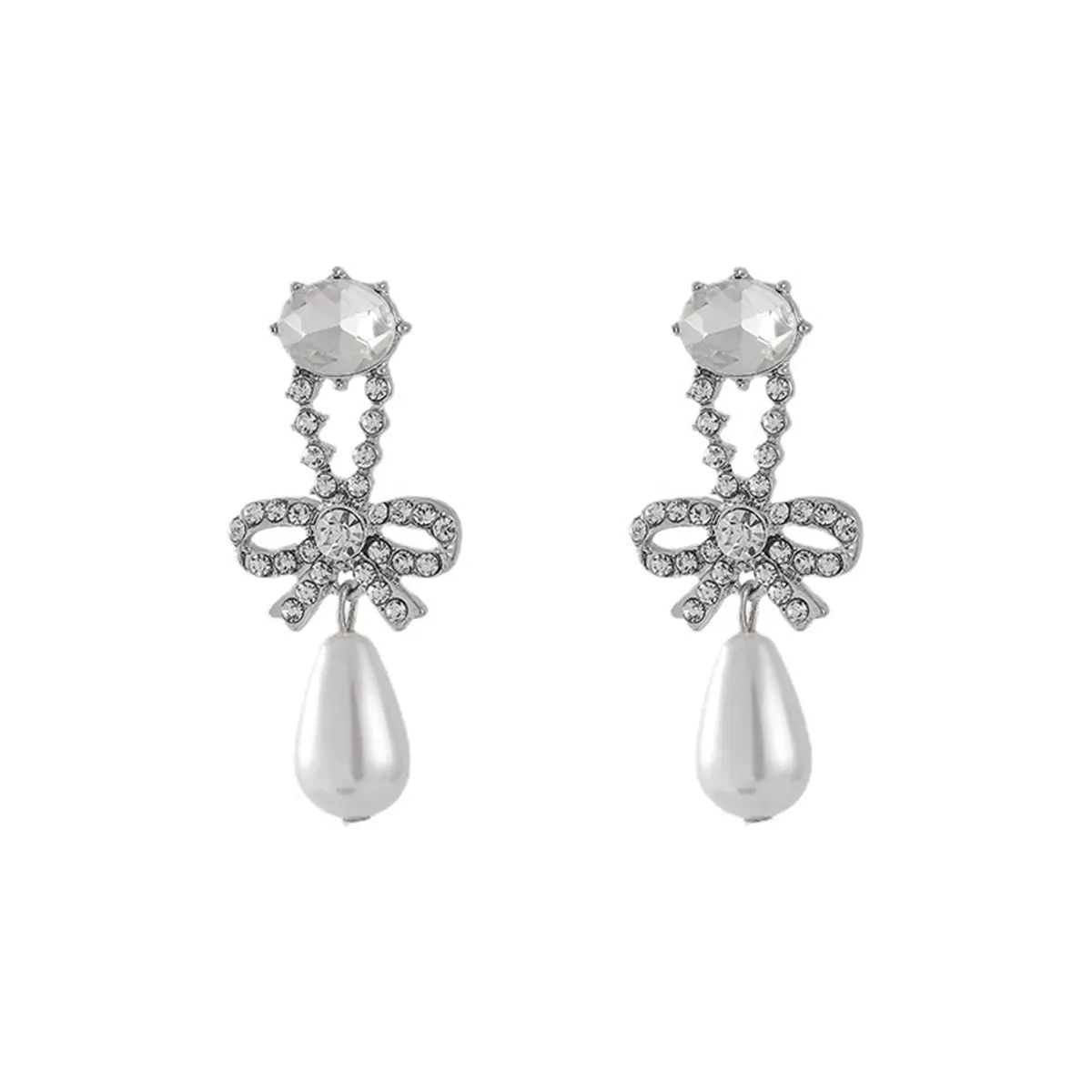 Crystal & Cubic Zirconia Pearl Silver-Plated Bow Drop Earrings