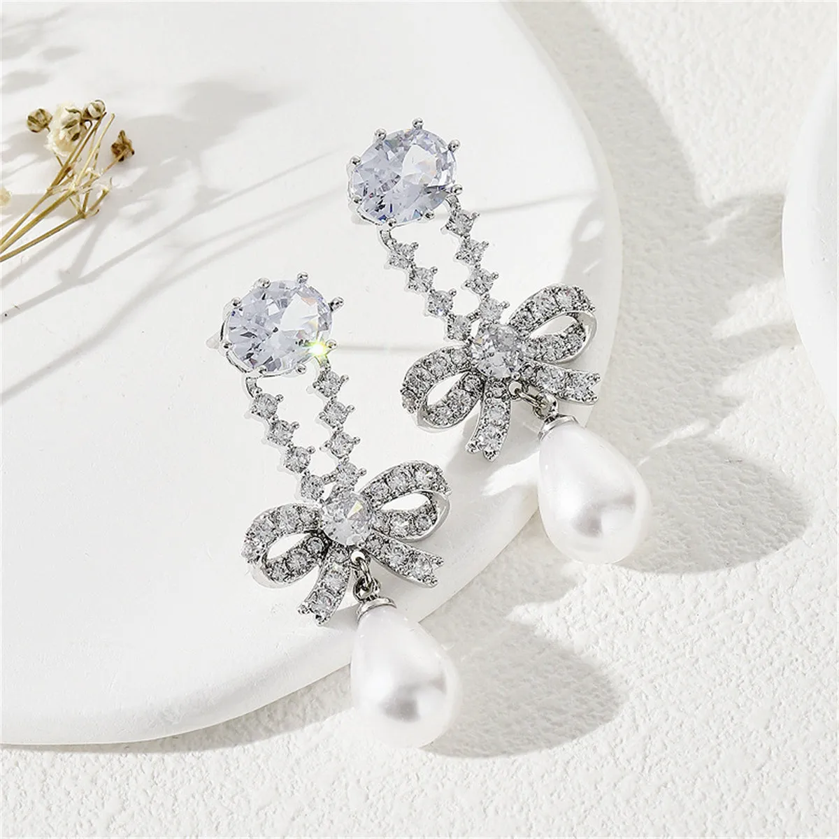 Crystal & Cubic Zirconia Pearl Silver-Plated Bow Drop Earrings