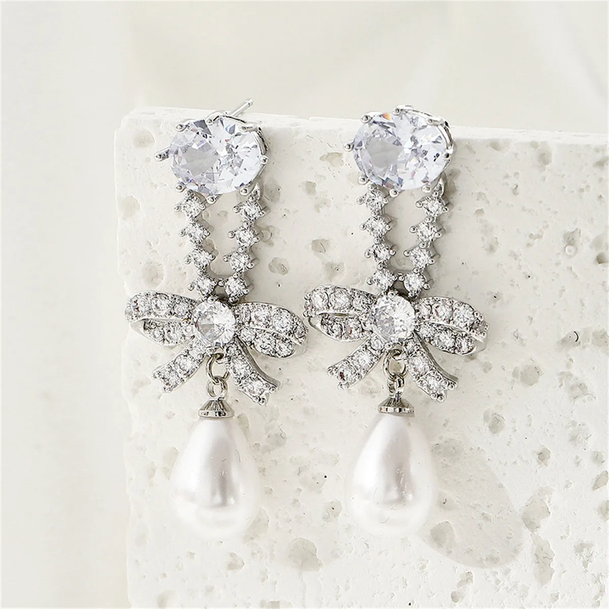 Crystal & Cubic Zirconia Pearl Silver-Plated Bow Drop Earrings