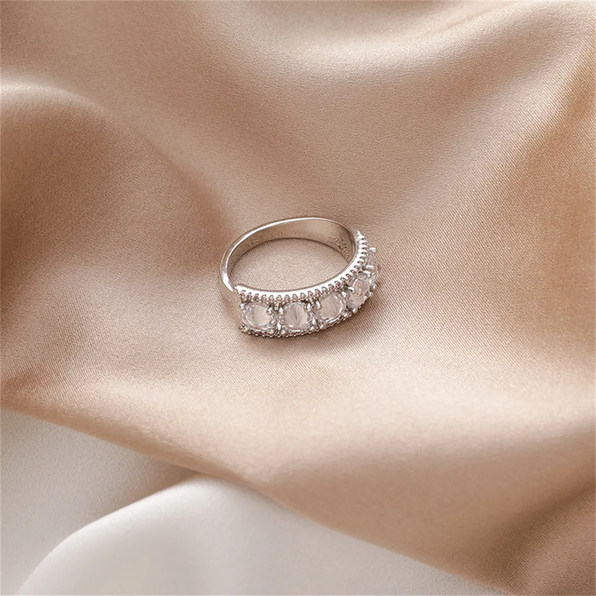 Crystal & Silver-Plated Round-Cut Channel Band Ring