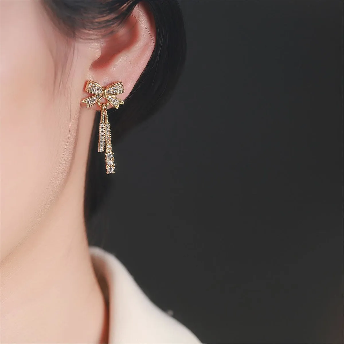 Cubic Zirconia & 18K Gold-Plated Bow Drop Earrings