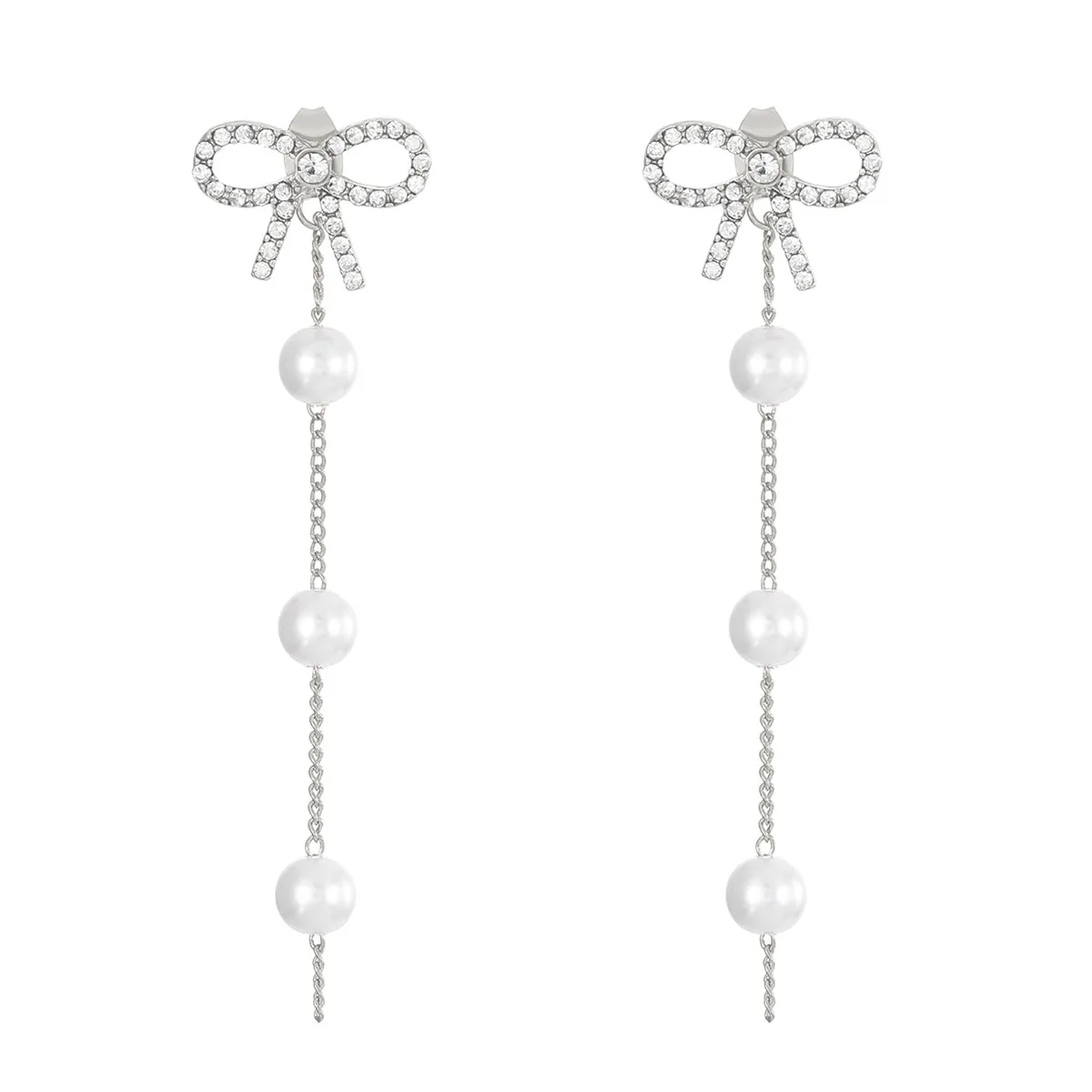 Cubic Zirconia & Pearl Silver-Plated Bow Dangle Ear Jackets