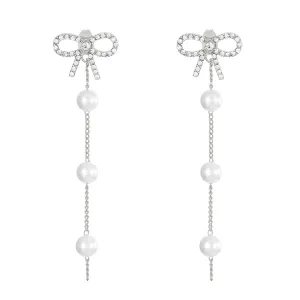 Cubic Zirconia & Pearl Silver-Plated Bow Dangle Ear Jackets