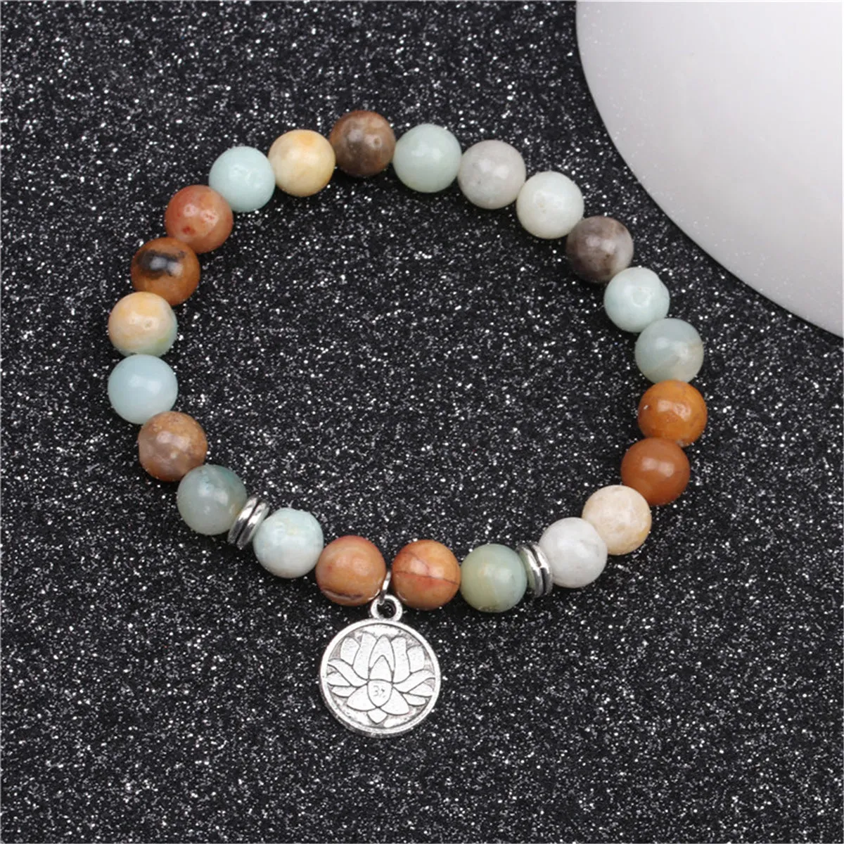 Earth-Tone Agate & Silver-Plated Lotus Charm Beaded Stretch Bracelet