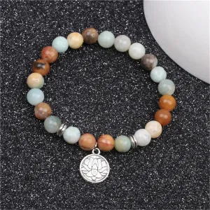 Earth-Tone Agate & Silver-Plated Lotus Charm Beaded Stretch Bracelet
