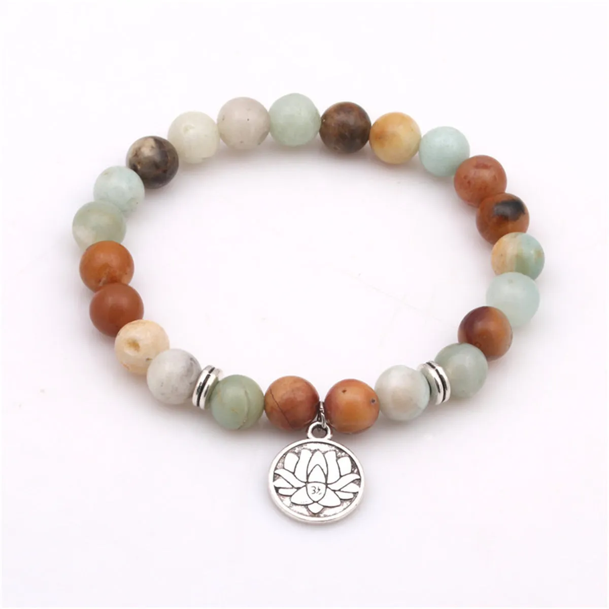 Earth-Tone Agate & Silver-Plated Lotus Charm Beaded Stretch Bracelet