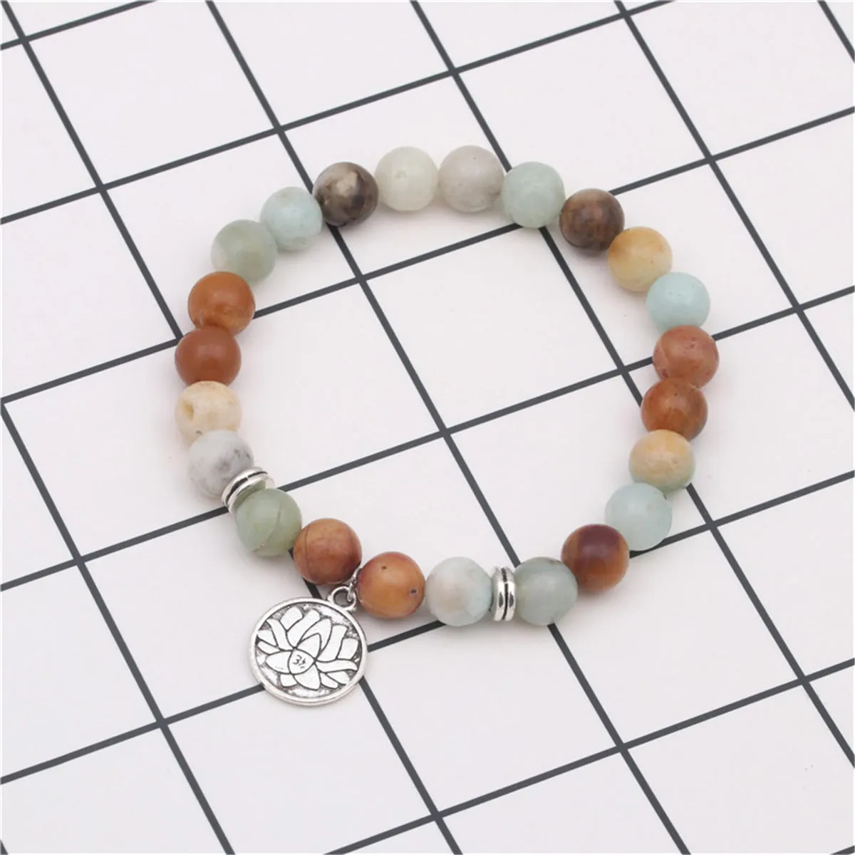 Earth-Tone Agate & Silver-Plated Lotus Charm Beaded Stretch Bracelet