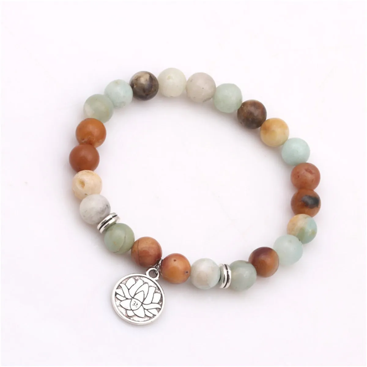 Earth-Tone Agate & Silver-Plated Lotus Charm Beaded Stretch Bracelet