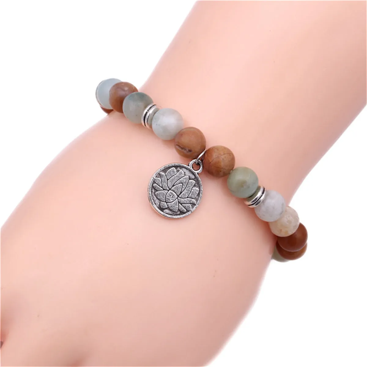 Earth-Tone Agate & Silver-Plated Lotus Charm Beaded Stretch Bracelet