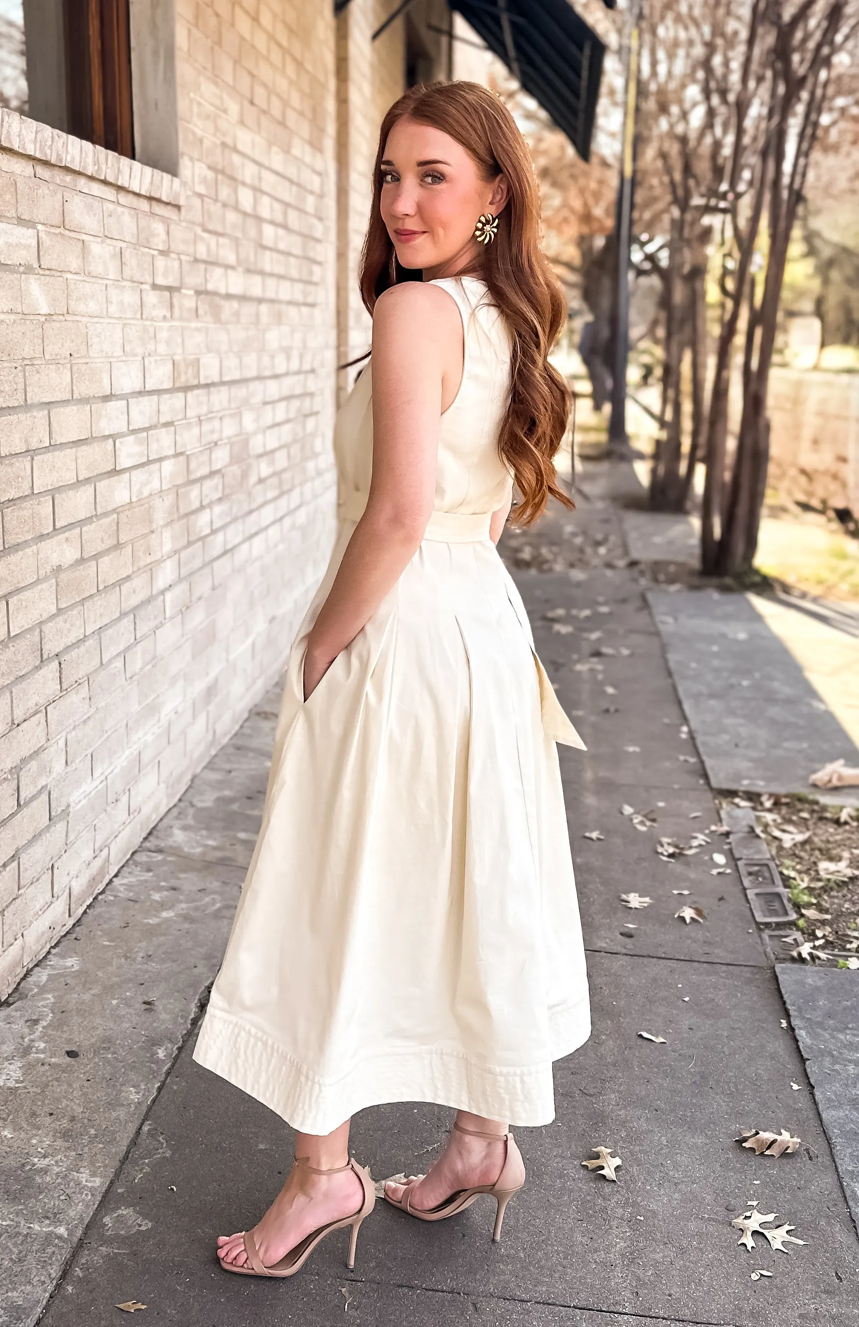 Ecru Belted Midi Dress