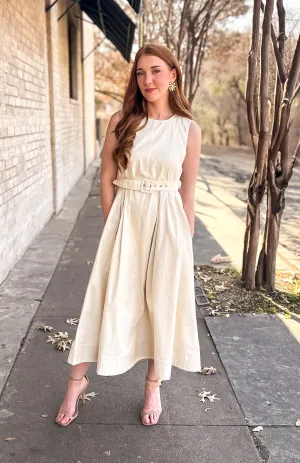 Ecru Belted Midi Dress