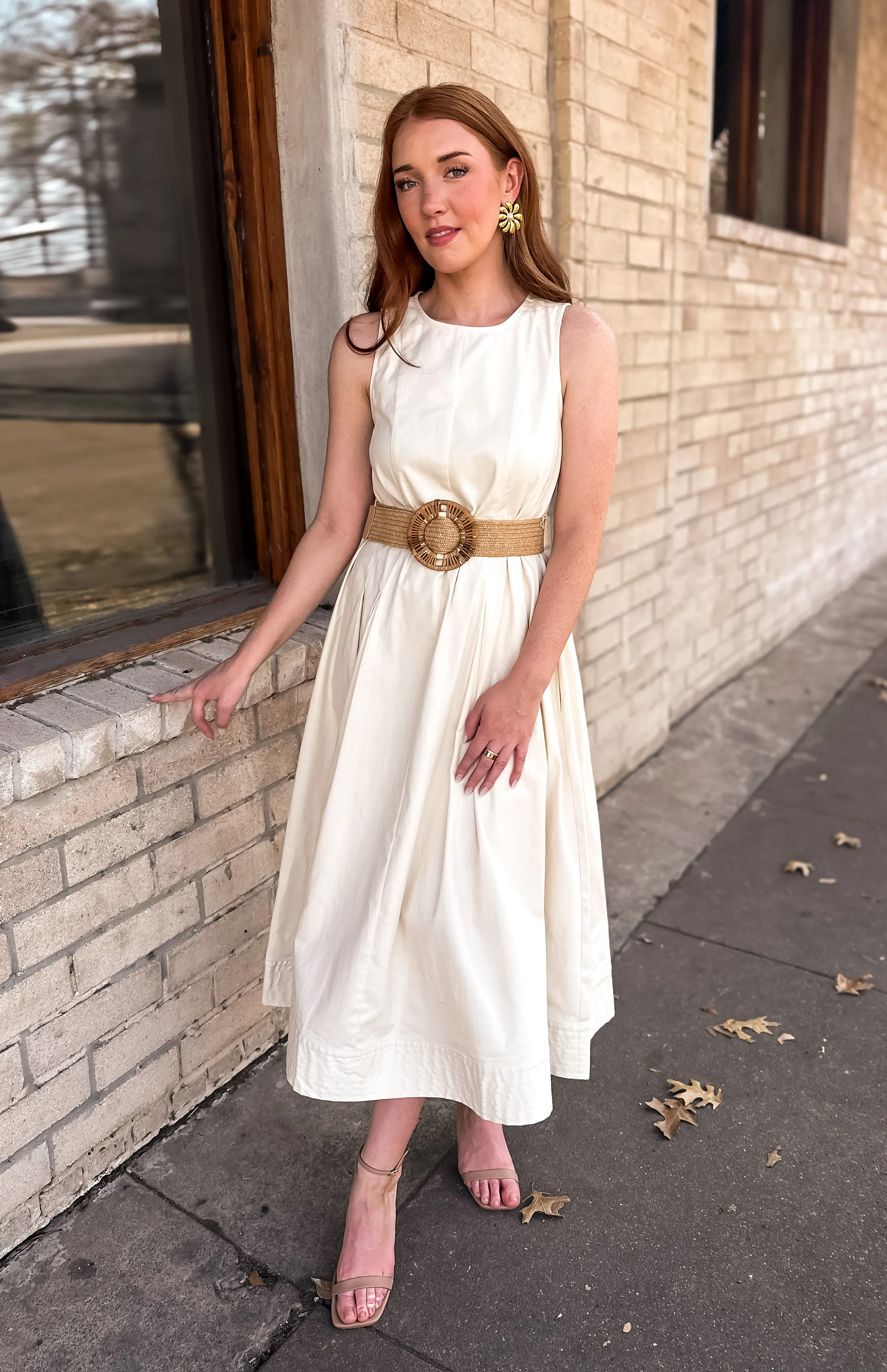 Ecru Belted Midi Dress