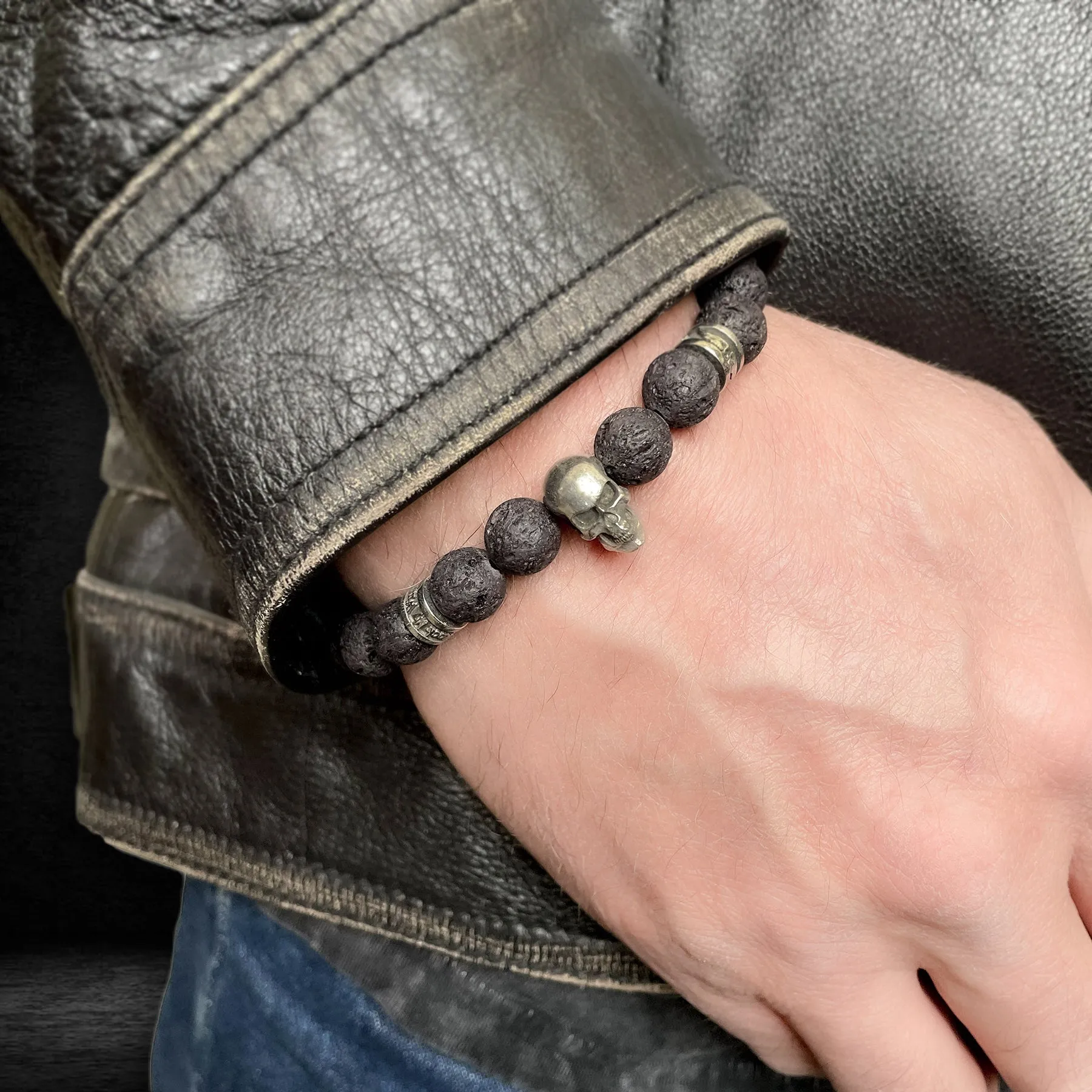 Fearless Skull Beaded Bracelet Lava Rock