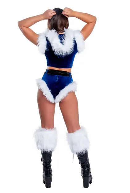 Fur Trimmed High-Waist Belted Shorts - Blue and White CH301