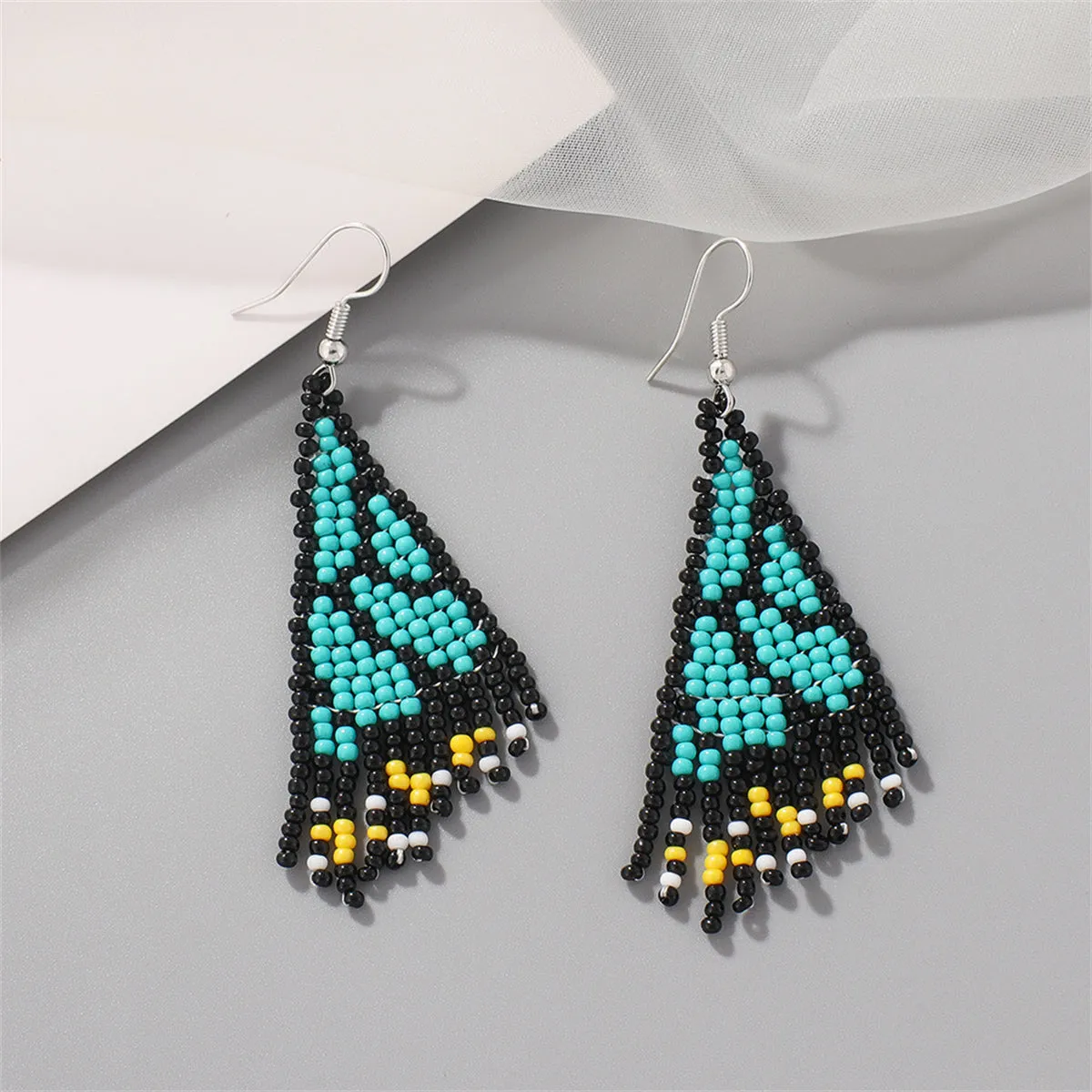 Green & Black Howlite Butterfly Tassel Drop Earrings