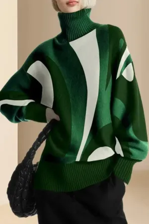 Green Contrast High Neck Sweater