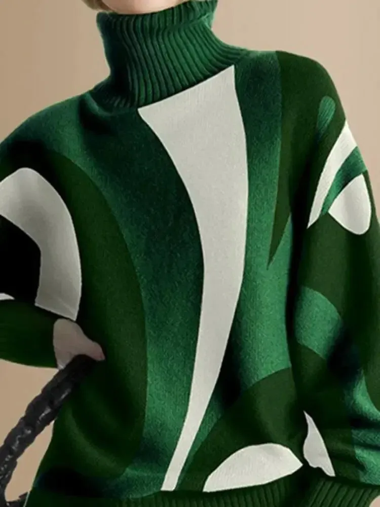 Green Contrast High Neck Sweater