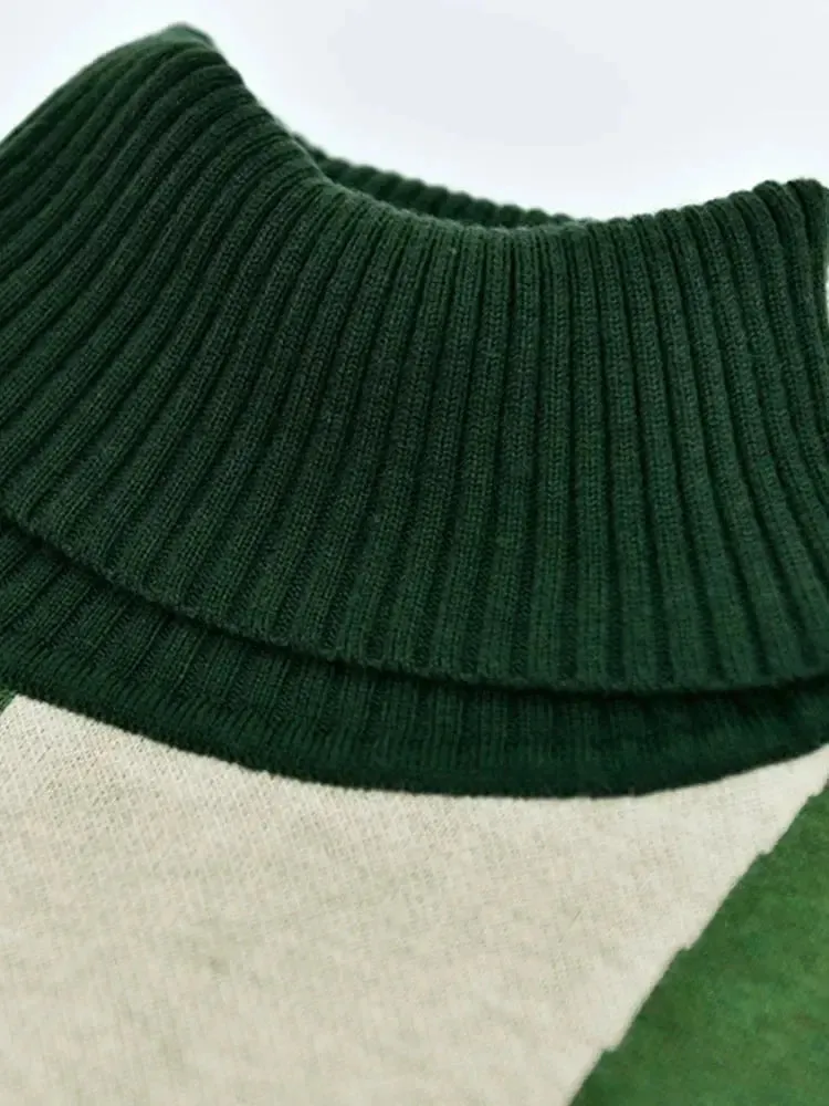 Green Contrast High Neck Sweater