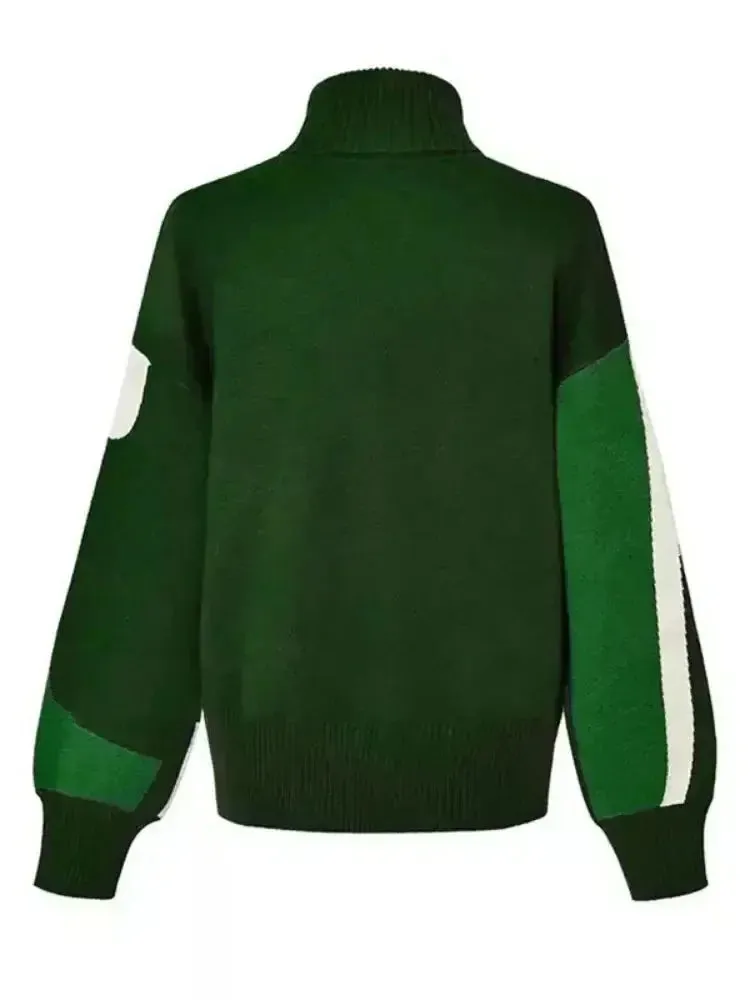 Green Contrast High Neck Sweater