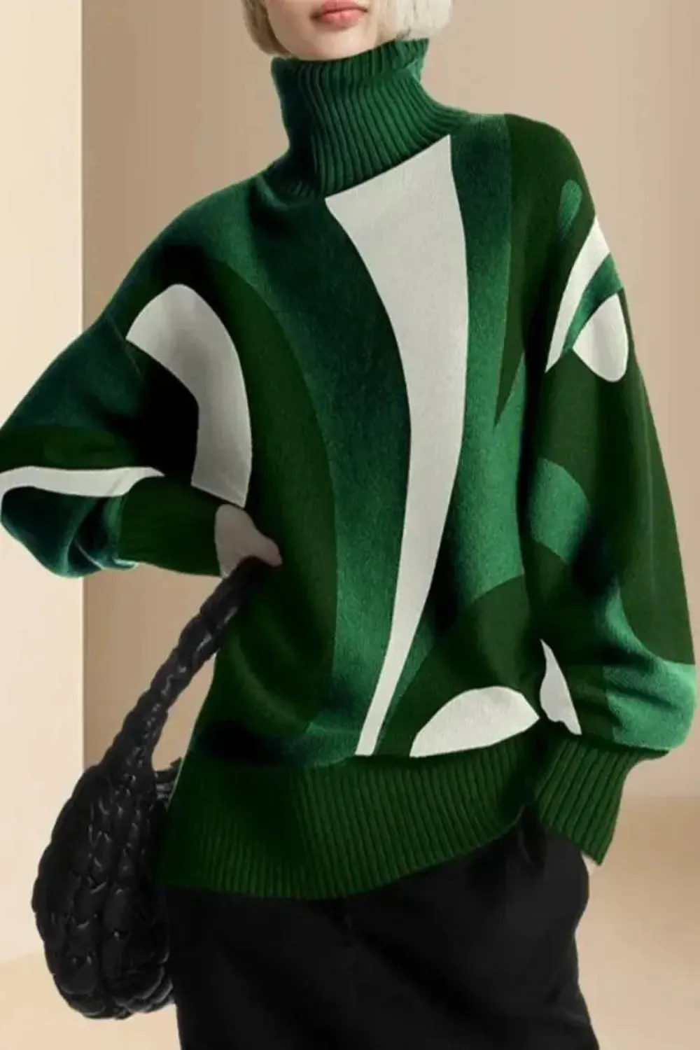Green Contrast High Neck Sweater