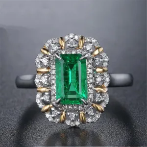 Green Crystal & Cubic Zirconia Two Tone Floral Halo Ring