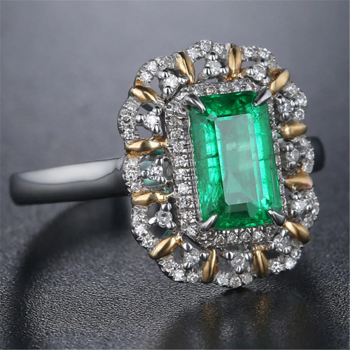 Green Crystal & Cubic Zirconia Two Tone Floral Halo Ring