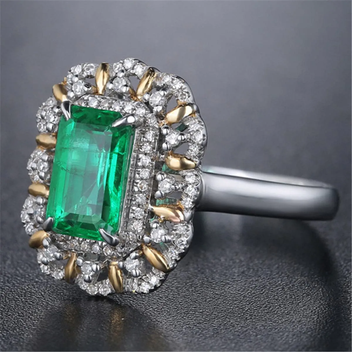 Green Crystal & Cubic Zirconia Two Tone Floral Halo Ring