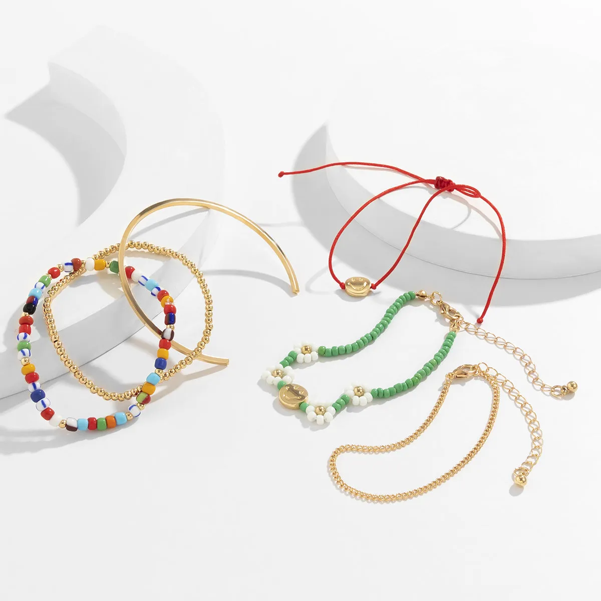 Green Howlite & Acrylic 18K Gold-Plated Floral Smiley Face Beaded Bracelet Set